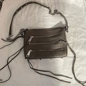 Rebecca Minkoff Grey Leather Crossbody Bag with 3 front zips.